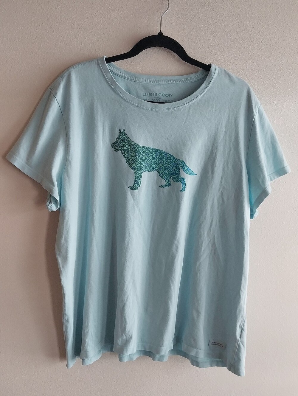 Life Is Good Blue & Green Henna Dog Graphic 100% Cotton T-Shirt NWOT